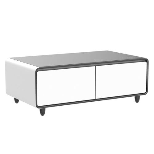 LIVTAB Smart Coffee Table, 27.8" D x 51" W x 18.1" H, Living Room Table with Built in Fridge and Speakers, Smart Table with 15W Wireless Charging, USB Chargers and 110V Outlets (White)