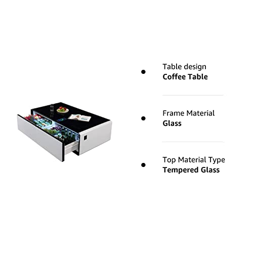 LIVTAB Smart Coffee Table, 27.8" D x 51" W x 18.1" H, Living Room Table with Built in Fridge and Speakers, Smart Table with 15W Wireless Charging, USB Chargers and 110V Outlets (White)