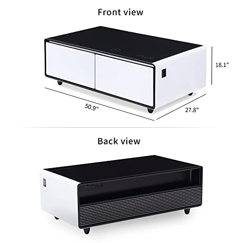 LIVTAB Smart Coffee Table, 27.8" D x 51" W x 18.1" H, Living Room Table with Built in Fridge and Speakers, Smart Table with 15W Wireless Charging, USB Chargers and 110V Outlets (White)