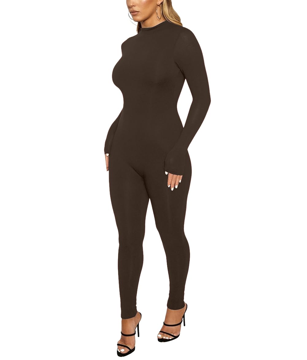 ECHOINE Long Sleeve Jumpsuit For Women Sexy Round Neck Back Zipper Bodycon Long Romper Clubwear