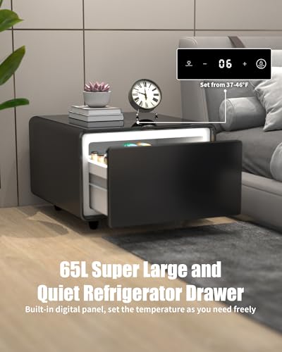 LIVTAB Smart Coffee Table, 27.8" D x 51" W x 18.1" H, Living Room Table with Built in Fridge and Speakers, Smart Table with 15W Wireless Charging, USB Chargers and 110V Outlets (White)