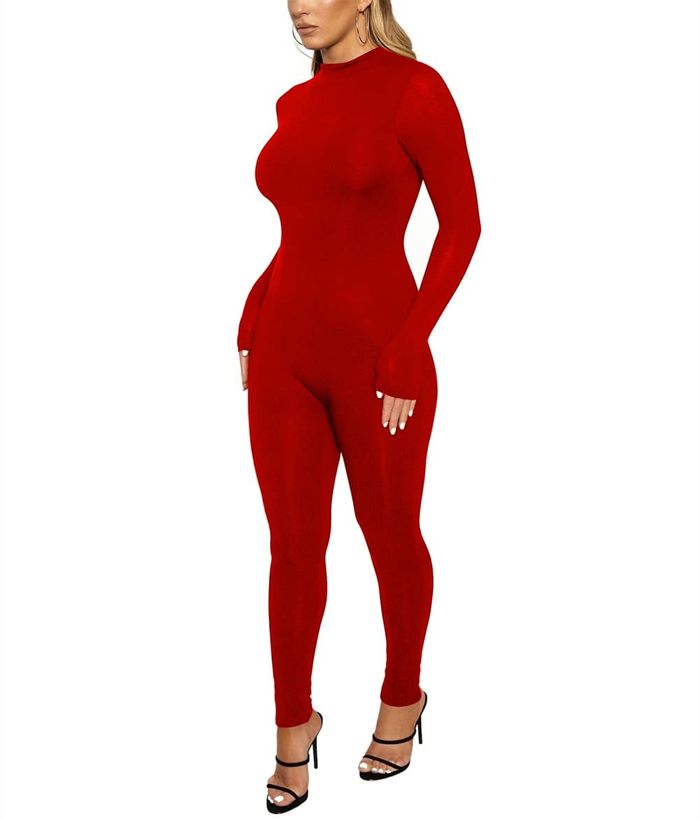 ECHOINE Long Sleeve Jumpsuit For Women Sexy Round Neck Back Zipper Bodycon Long Romper Clubwear
