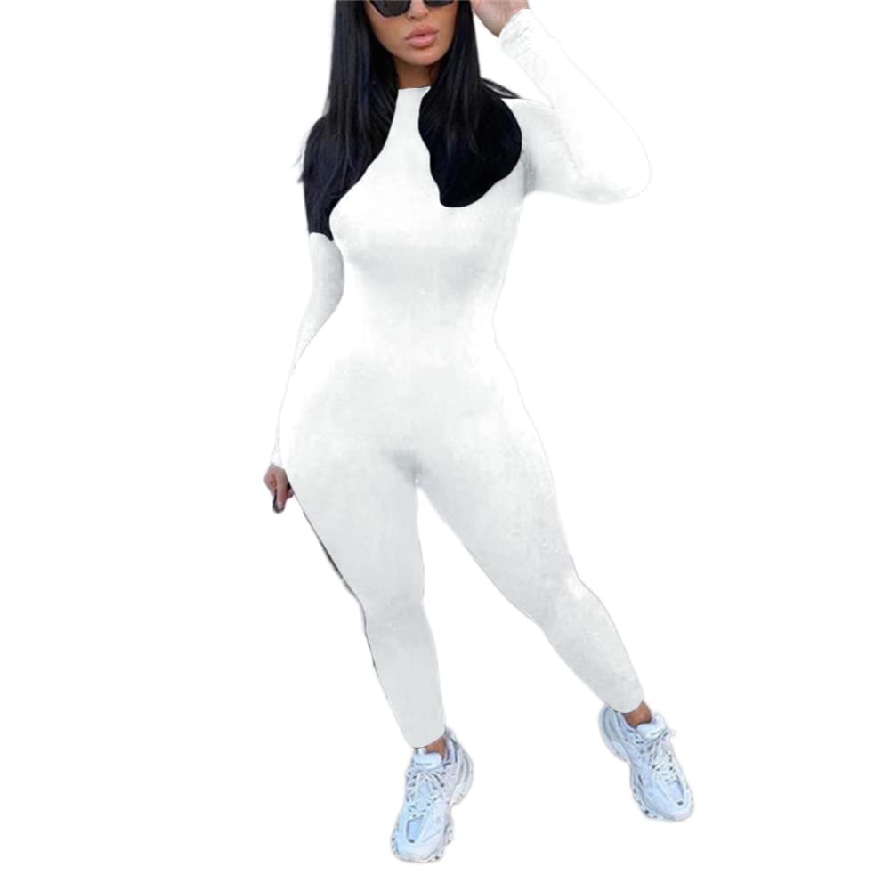 ECHOINE Long Sleeve Jumpsuit For Women Sexy Round Neck Back Zipper Bodycon Long Romper Clubwear