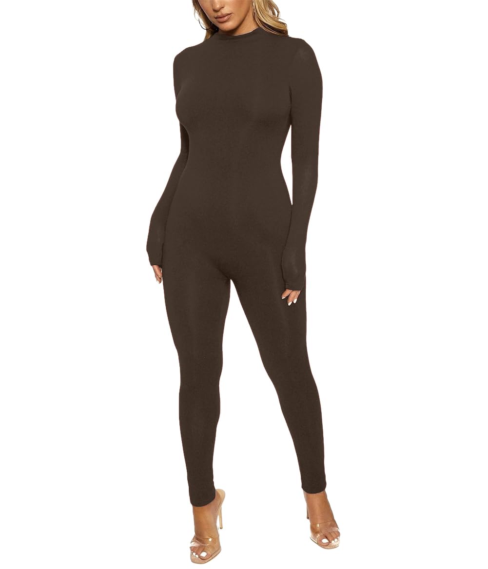 ECHOINE Long Sleeve Jumpsuit For Women Sexy Round Neck Back Zipper Bodycon Long Romper Clubwear
