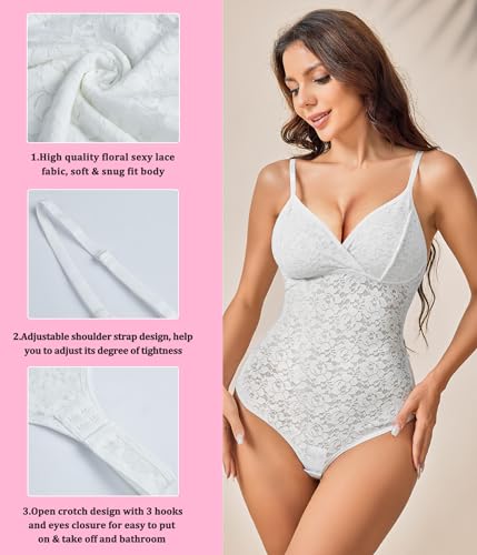 BRABIC Lace Bodysuit for Women Tummy Control Shapewear Sleeveless Tops V-Neck Backless Camisole Jumpsuit Shaper