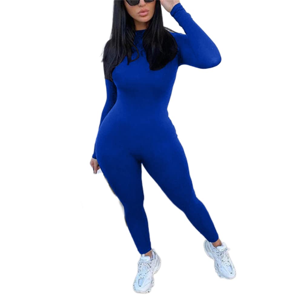 ECHOINE Long Sleeve Jumpsuit For Women Sexy Round Neck Back Zipper Bodycon Long Romper Clubwear