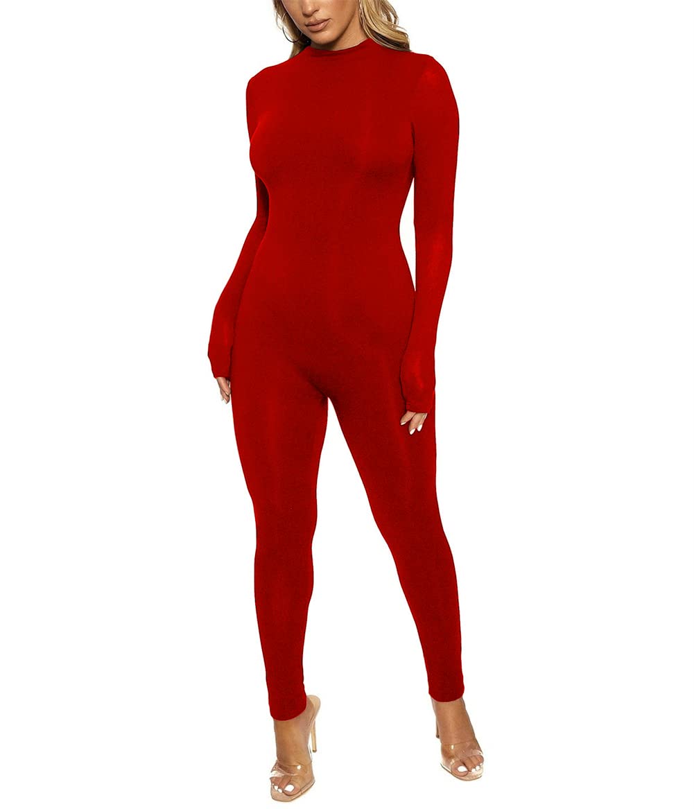 ECHOINE Long Sleeve Jumpsuit For Women Sexy Round Neck Back Zipper Bodycon Long Romper Clubwear