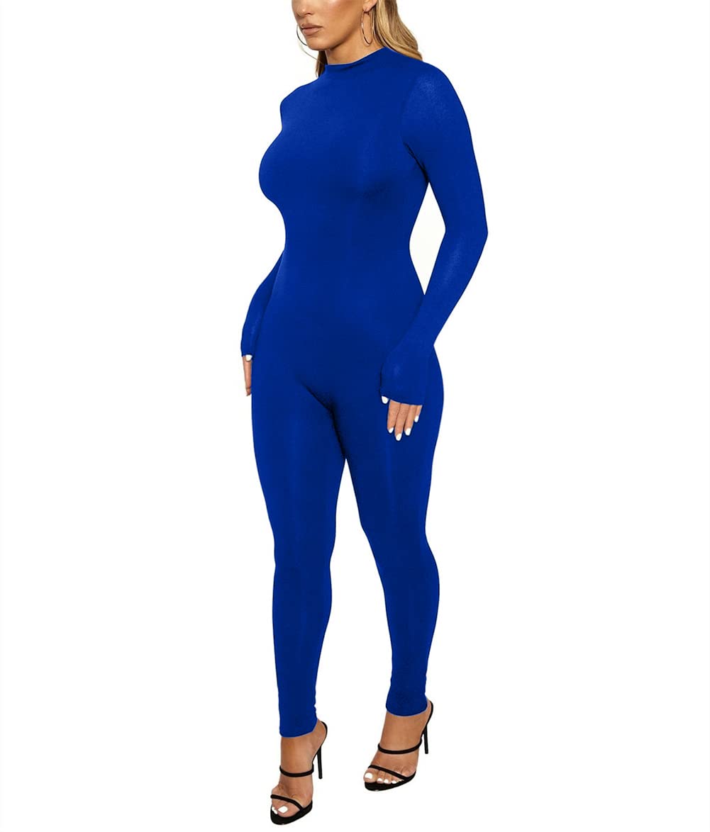 ECHOINE Long Sleeve Jumpsuit For Women Sexy Round Neck Back Zipper Bodycon Long Romper Clubwear