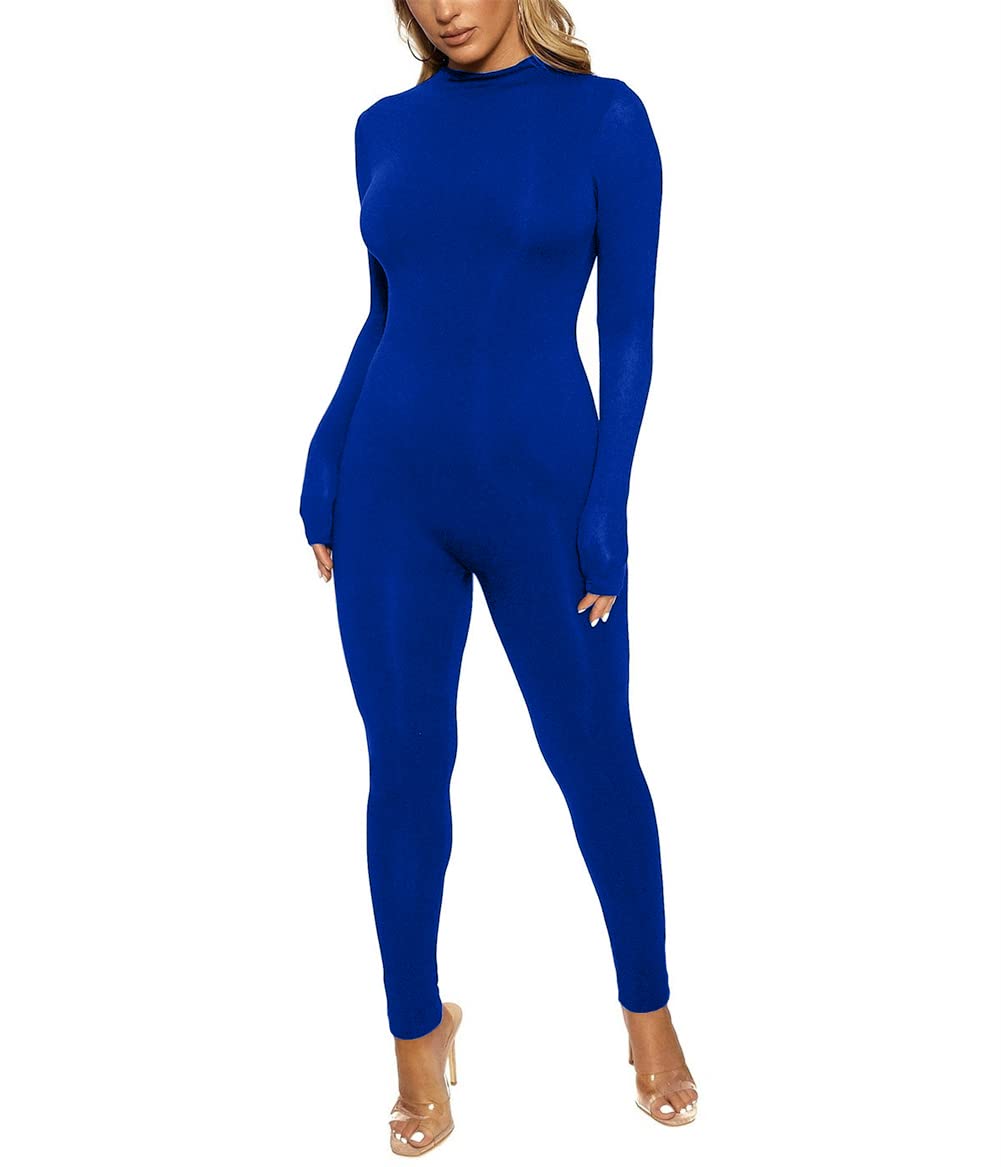 ECHOINE Long Sleeve Jumpsuit For Women Sexy Round Neck Back Zipper Bodycon Long Romper Clubwear