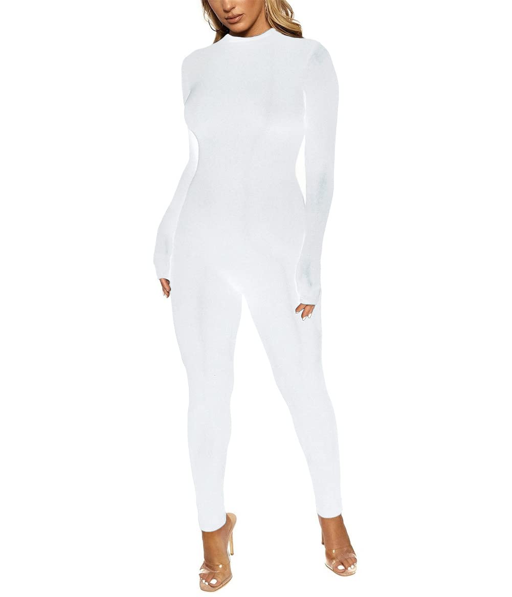 ECHOINE Long Sleeve Jumpsuit For Women Sexy Round Neck Back Zipper Bodycon Long Romper Clubwear