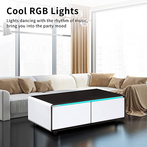 LIVTAB Smart Coffee Table, 27.8" D x 51" W x 18.1" H, Living Room Table with Built in Fridge and Speakers, Smart Table with 15W Wireless Charging, USB Chargers and 110V Outlets (White)