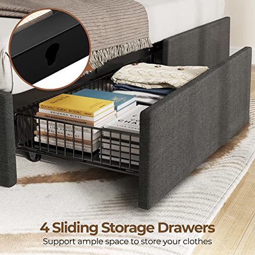 Rolanstar Twin Size Bed Frame with Charging Station and LED Lights, Upholstered Bed with Adjustable Headboard and 4 Storage Drawers, No Box Spring Needed, Easy Assembly, Dark Grey
