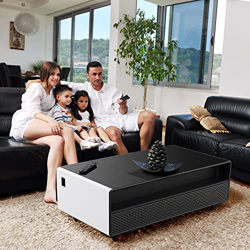 LIVTAB Smart Coffee Table, 27.8" D x 51" W x 18.1" H, Living Room Table with Built in Fridge and Speakers, Smart Table with 15W Wireless Charging, USB Chargers and 110V Outlets (White)