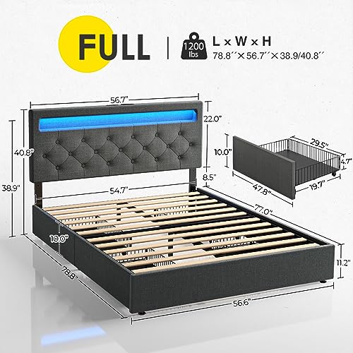 Rolanstar Twin Size Bed Frame with Charging Station and LED Lights, Upholstered Bed with Adjustable Headboard and 4 Storage Drawers, No Box Spring Needed, Easy Assembly, Dark Grey