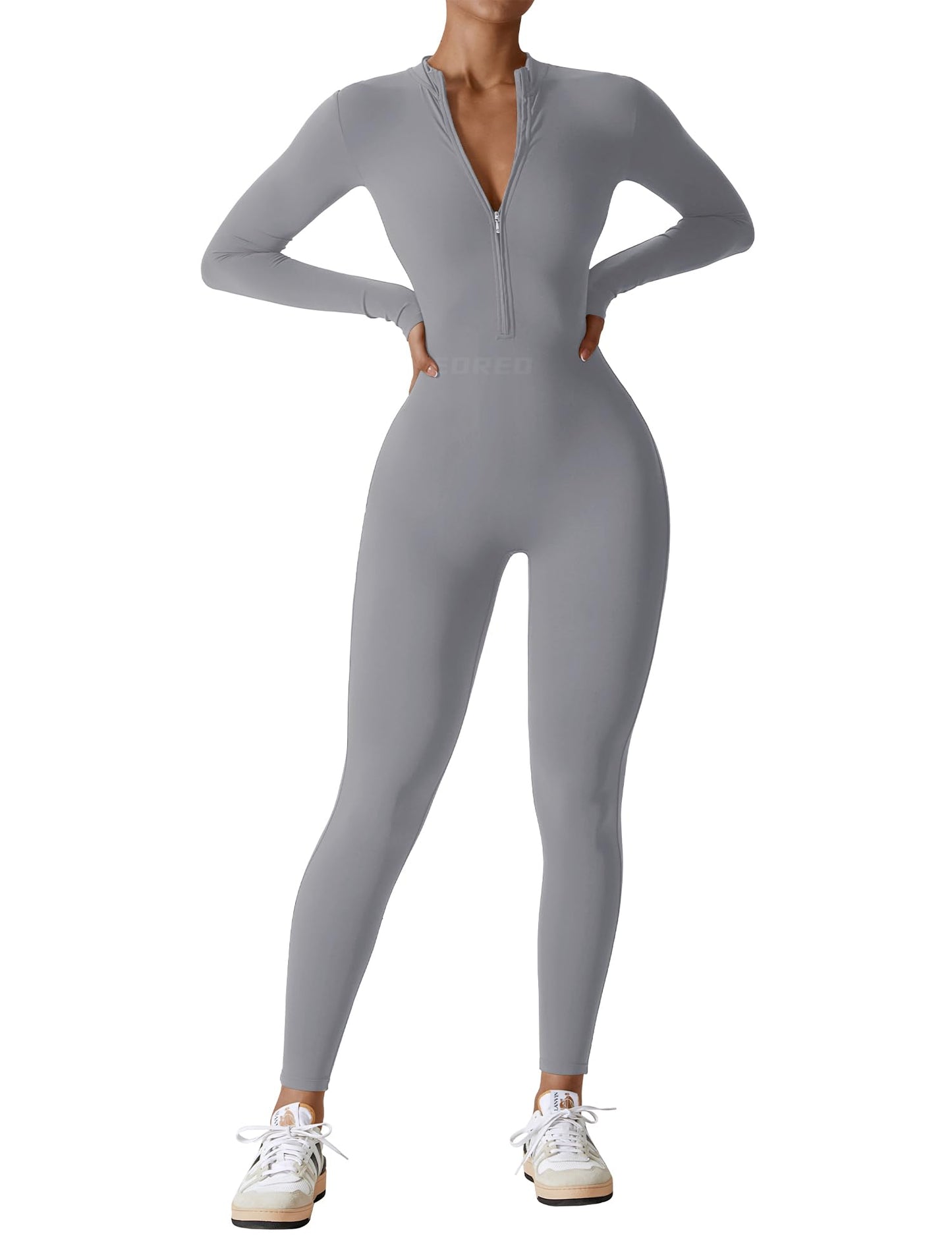YEOREO Women Long Sleeve Workout Jumpsuit Zip Up Romper Bottom Pants Bodysuit Bodycon Sexy One Piece