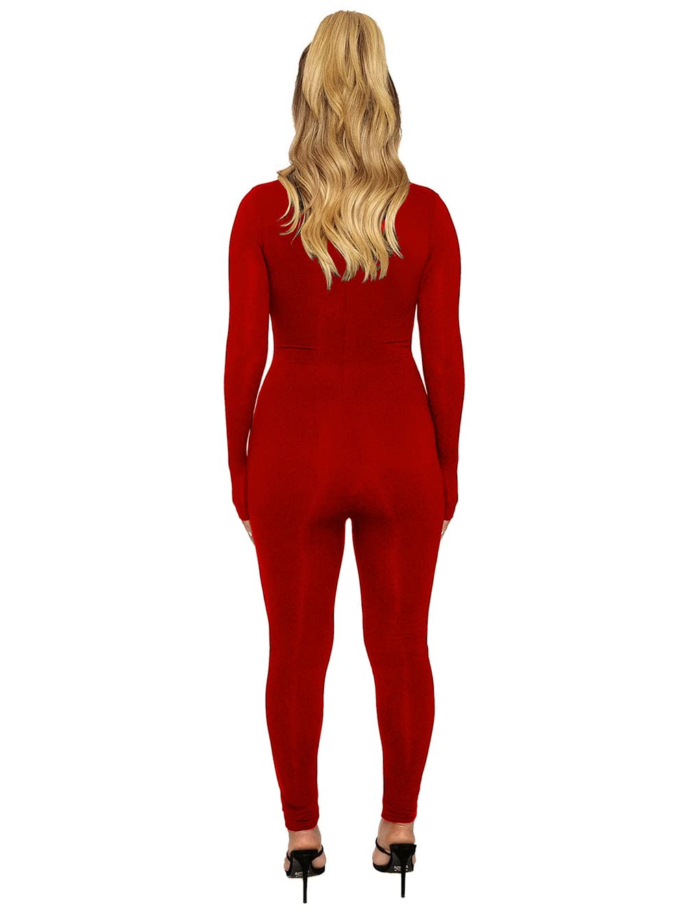ECHOINE Long Sleeve Jumpsuit For Women Sexy Round Neck Back Zipper Bodycon Long Romper Clubwear