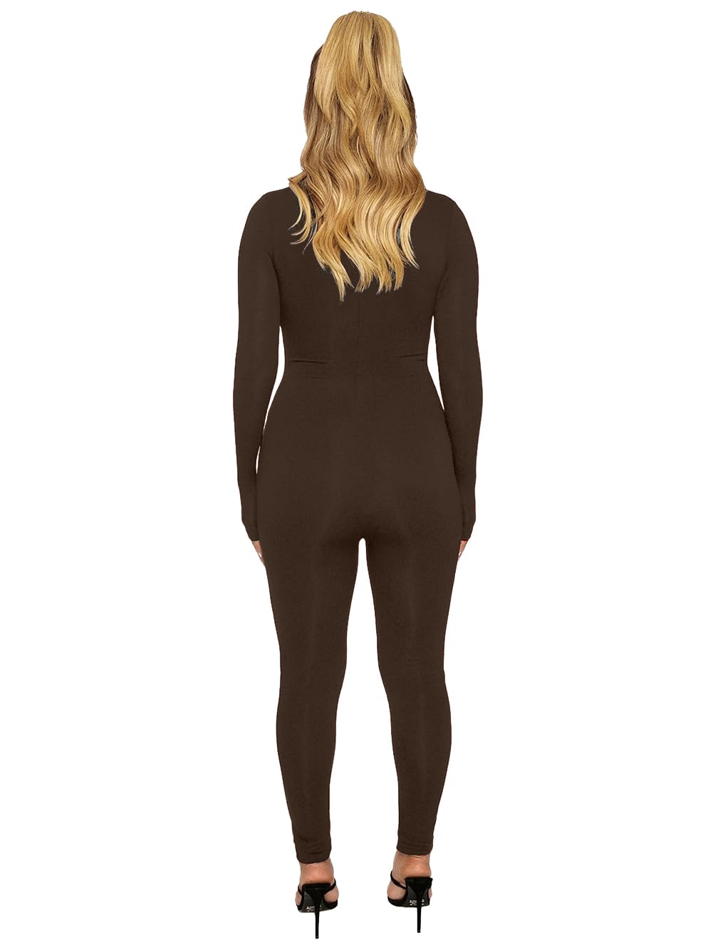 ECHOINE Long Sleeve Jumpsuit For Women Sexy Round Neck Back Zipper Bodycon Long Romper Clubwear