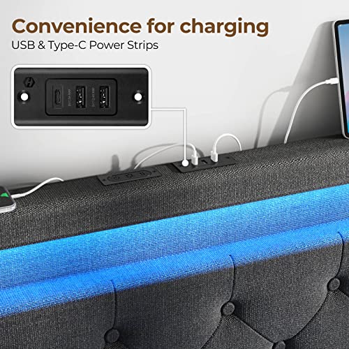 Rolanstar Twin Size Bed Frame with Charging Station and LED Lights, Upholstered Bed with Adjustable Headboard and 4 Storage Drawers, No Box Spring Needed, Easy Assembly, Dark Grey