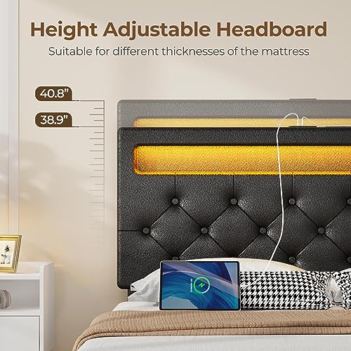 Rolanstar Twin Size Bed Frame with Charging Station and LED Lights, Upholstered Bed with Adjustable Headboard and 4 Storage Drawers, No Box Spring Needed, Easy Assembly, Dark Grey