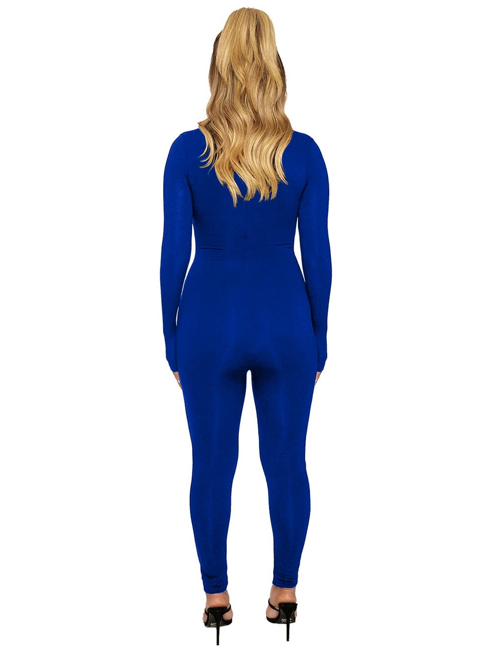 ECHOINE Long Sleeve Jumpsuit For Women Sexy Round Neck Back Zipper Bodycon Long Romper Clubwear
