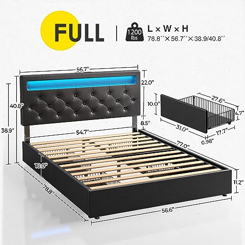 Rolanstar Twin Size Bed Frame with Charging Station and LED Lights, Upholstered Bed with Adjustable Headboard and 4 Storage Drawers, No Box Spring Needed, Easy Assembly, Dark Grey
