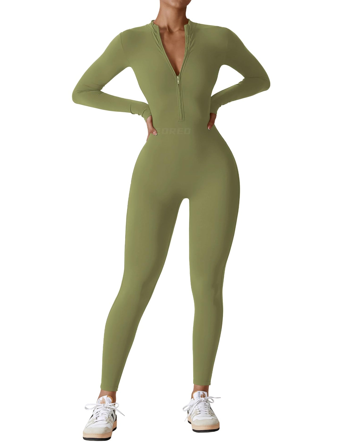 YEOREO Women Long Sleeve Workout Jumpsuit Zip Up Romper Bottom Pants Bodysuit Bodycon Sexy One Piece