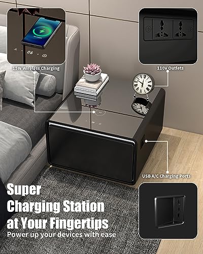 LIVTAB Smart Coffee Table, 27.8" D x 51" W x 18.1" H, Living Room Table with Built in Fridge and Speakers, Smart Table with 15W Wireless Charging, USB Chargers and 110V Outlets (White)