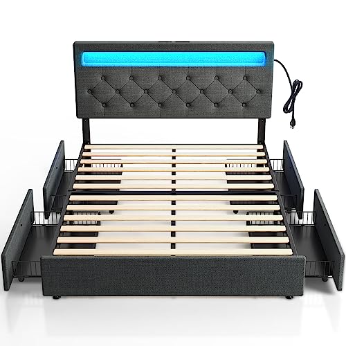 Rolanstar Twin Size Bed Frame with Charging Station and LED Lights, Upholstered Bed with Adjustable Headboard and 4 Storage Drawers, No Box Spring Needed, Easy Assembly, Dark Grey