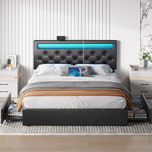 Rolanstar Twin Size Bed Frame with Charging Station and LED Lights, Upholstered Bed with Adjustable Headboard and 4 Storage Drawers, No Box Spring Needed, Easy Assembly, Dark Grey