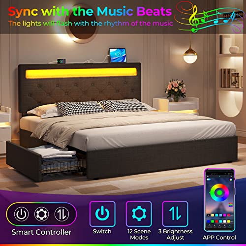 Rolanstar Twin Size Bed Frame with Charging Station and LED Lights, Upholstered Bed with Adjustable Headboard and 4 Storage Drawers, No Box Spring Needed, Easy Assembly, Dark Grey