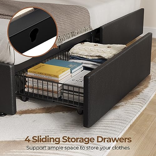 Rolanstar Twin Size Bed Frame with Charging Station and LED Lights, Upholstered Bed with Adjustable Headboard and 4 Storage Drawers, No Box Spring Needed, Easy Assembly, Dark Grey