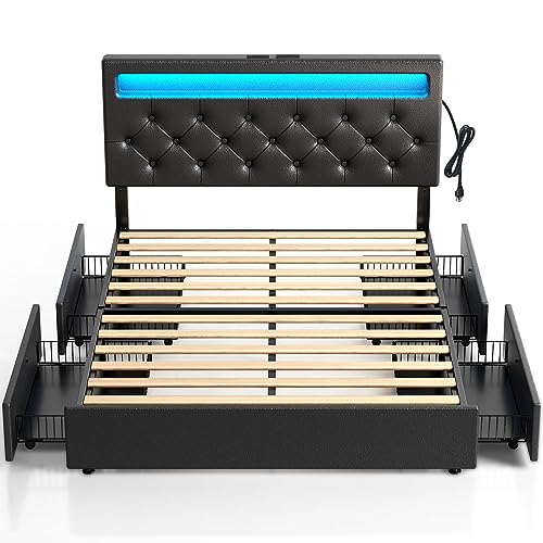 Rolanstar Twin Size Bed Frame with Charging Station and LED Lights, Upholstered Bed with Adjustable Headboard and 4 Storage Drawers, No Box Spring Needed, Easy Assembly, Dark Grey