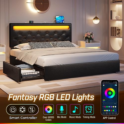 Rolanstar Twin Size Bed Frame with Charging Station and LED Lights, Upholstered Bed with Adjustable Headboard and 4 Storage Drawers, No Box Spring Needed, Easy Assembly, Dark Grey
