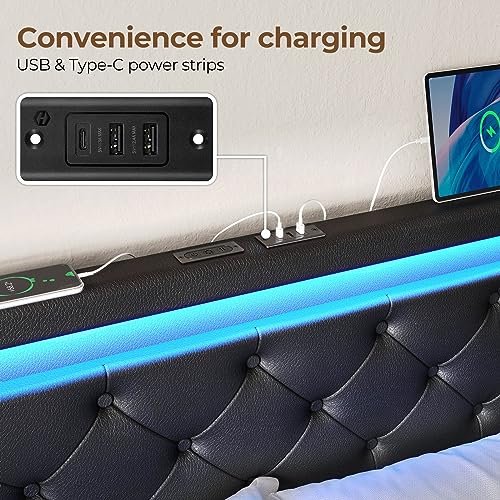Rolanstar Twin Size Bed Frame with Charging Station and LED Lights, Upholstered Bed with Adjustable Headboard and 4 Storage Drawers, No Box Spring Needed, Easy Assembly, Dark Grey