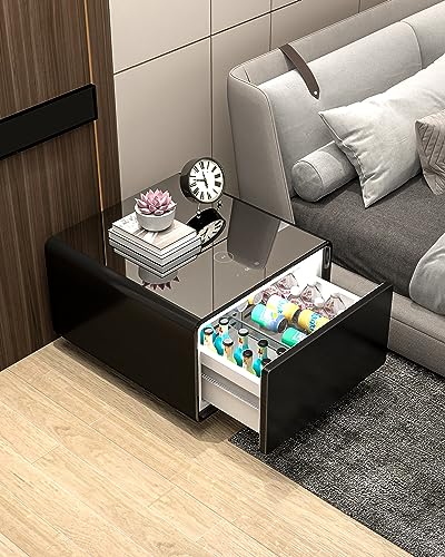 LIVTAB Smart Coffee Table, 27.8" D x 51" W x 18.1" H, Living Room Table with Built in Fridge and Speakers, Smart Table with 15W Wireless Charging, USB Chargers and 110V Outlets (White)