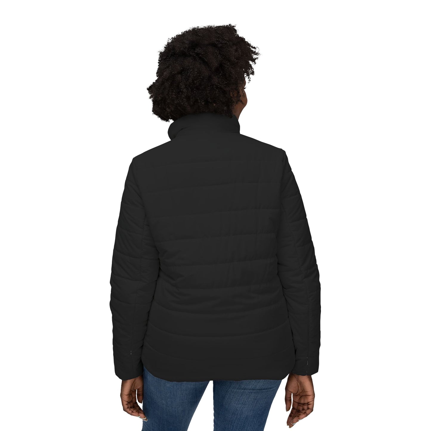 Puffer Jacket — Circular Text "remote only you can change it like a remote" Minimalist Black Women’s Coat