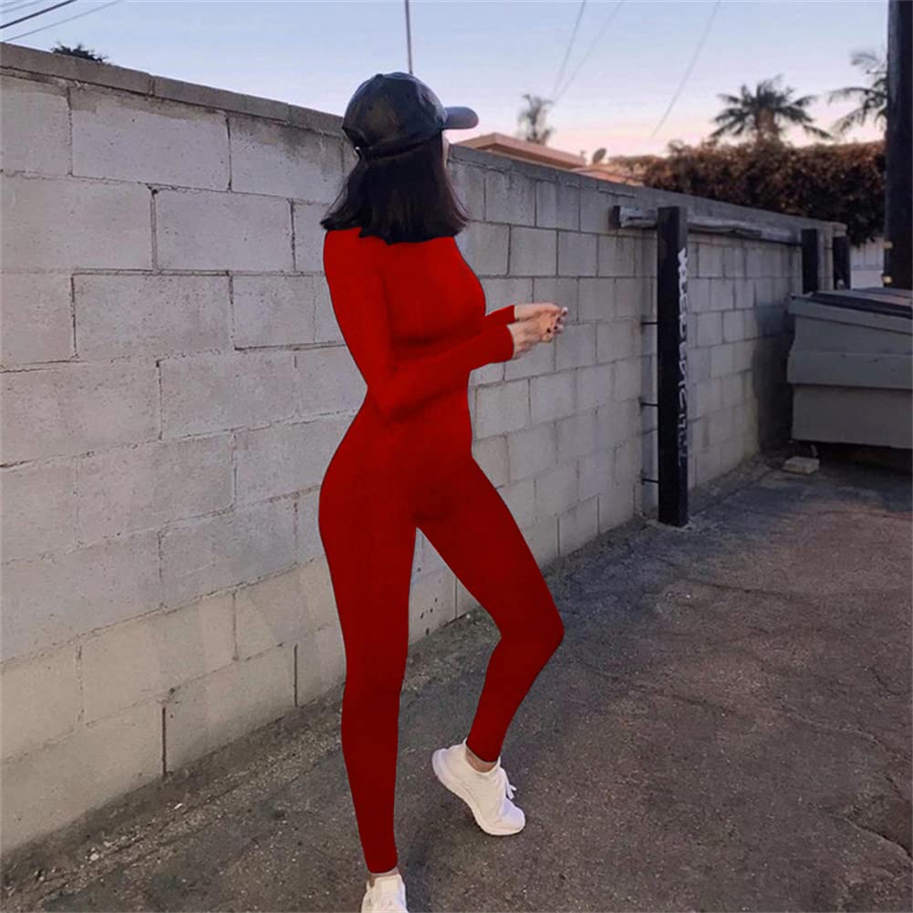 ECHOINE Long Sleeve Jumpsuit For Women Sexy Round Neck Back Zipper Bodycon Long Romper Clubwear