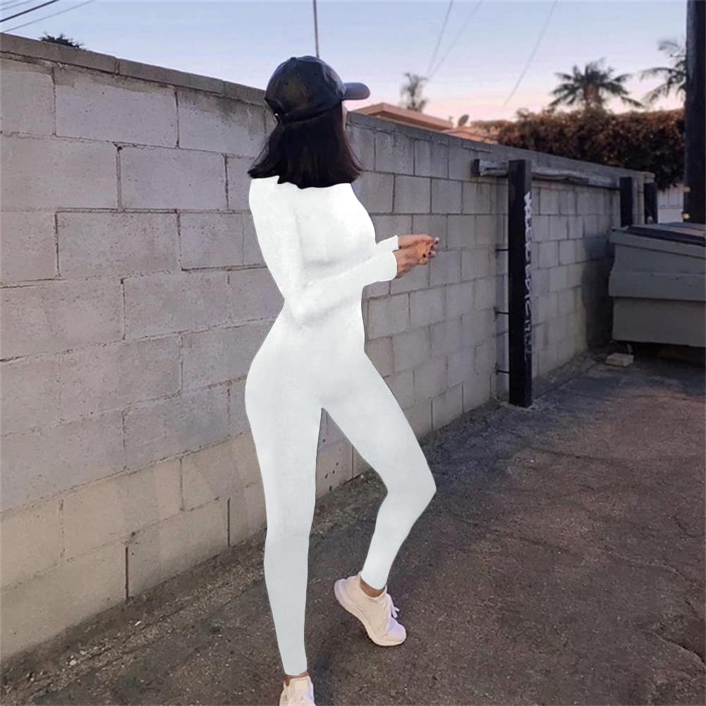 ECHOINE Long Sleeve Jumpsuit For Women Sexy Round Neck Back Zipper Bodycon Long Romper Clubwear