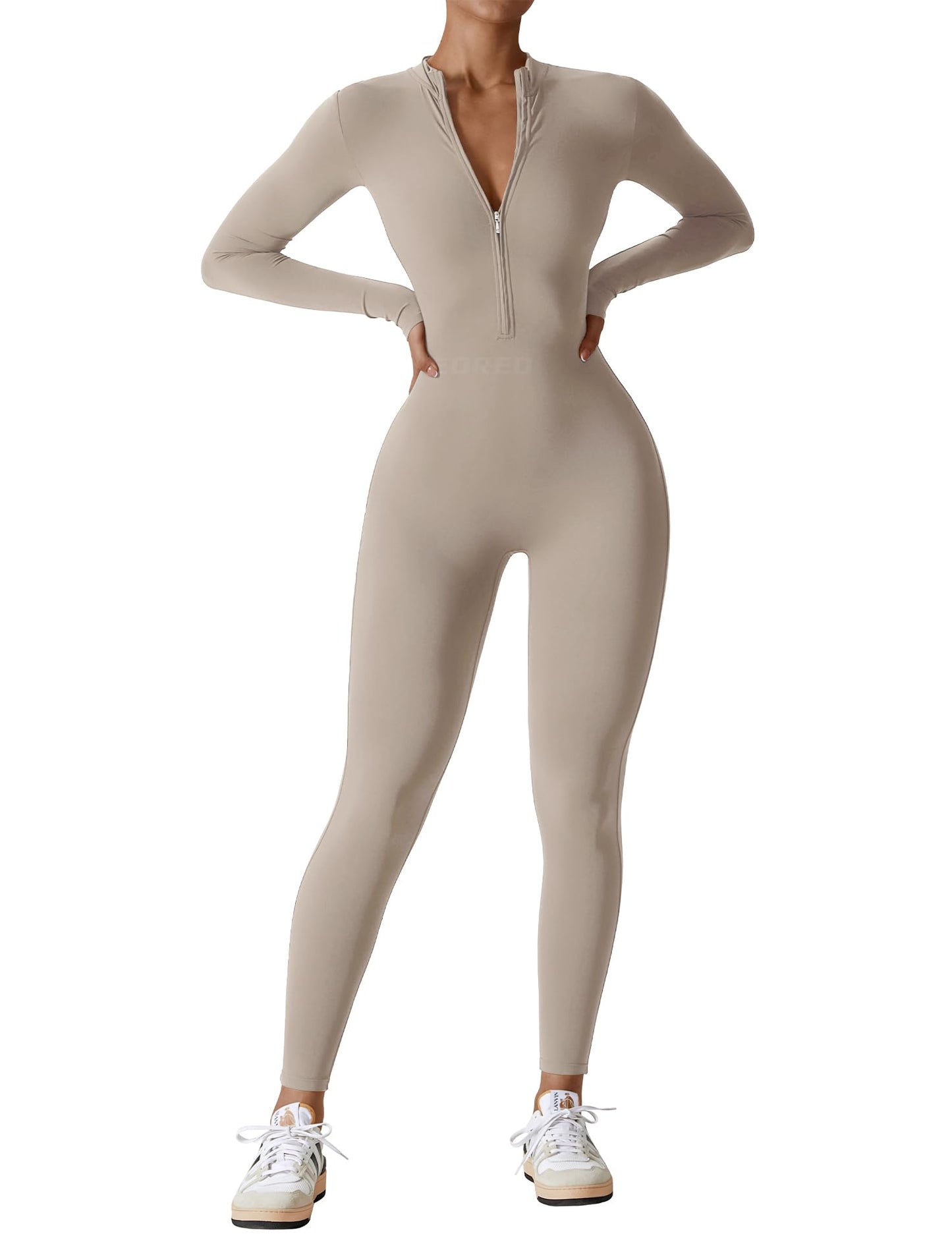 YEOREO Women Long Sleeve Workout Jumpsuit Zip Up Romper Bottom Pants Bodysuit Bodycon Sexy One Piece