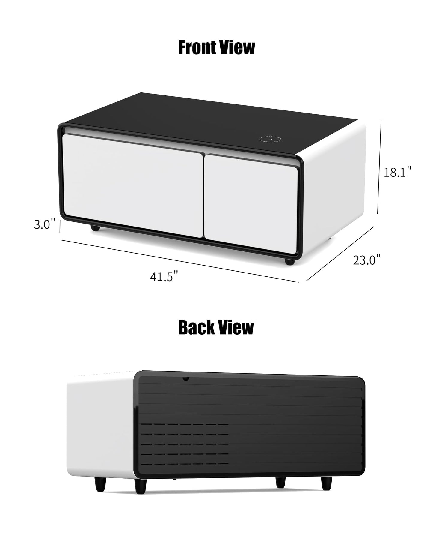 LIVTAB Smart Coffee Table, 27.8" D x 51" W x 18.1" H, Living Room Table with Built in Fridge and Speakers, Smart Table with 15W Wireless Charging, USB Chargers and 110V Outlets (White)