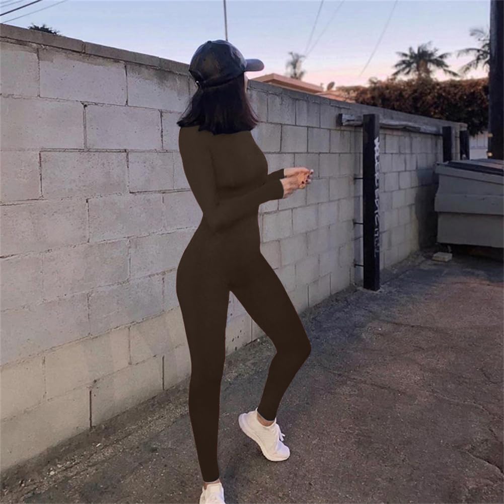 ECHOINE Long Sleeve Jumpsuit For Women Sexy Round Neck Back Zipper Bodycon Long Romper Clubwear