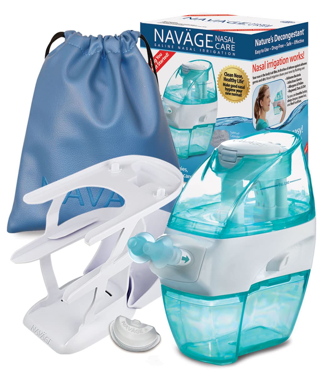 Navage Deluxe Bundle Nasal Irrigation System - Saline Nasal Rinse Kit with 1 Nose Cleaner, 20 Salt Pods, Black Travel Bag and 1 Countertop Caddy