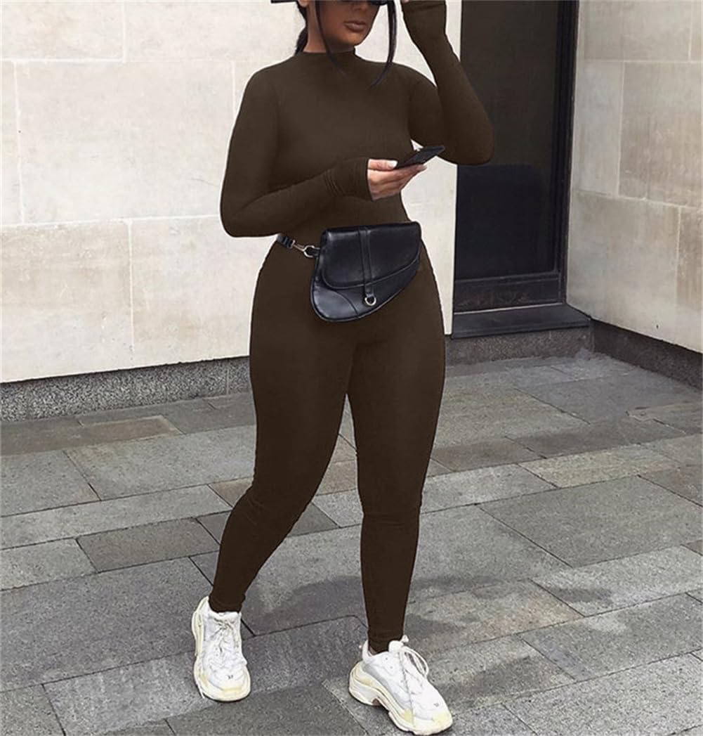 ECHOINE Long Sleeve Jumpsuit For Women Sexy Round Neck Back Zipper Bodycon Long Romper Clubwear