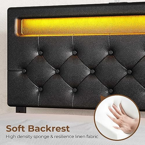 Rolanstar Twin Size Bed Frame with Charging Station and LED Lights, Upholstered Bed with Adjustable Headboard and 4 Storage Drawers, No Box Spring Needed, Easy Assembly, Dark Grey
