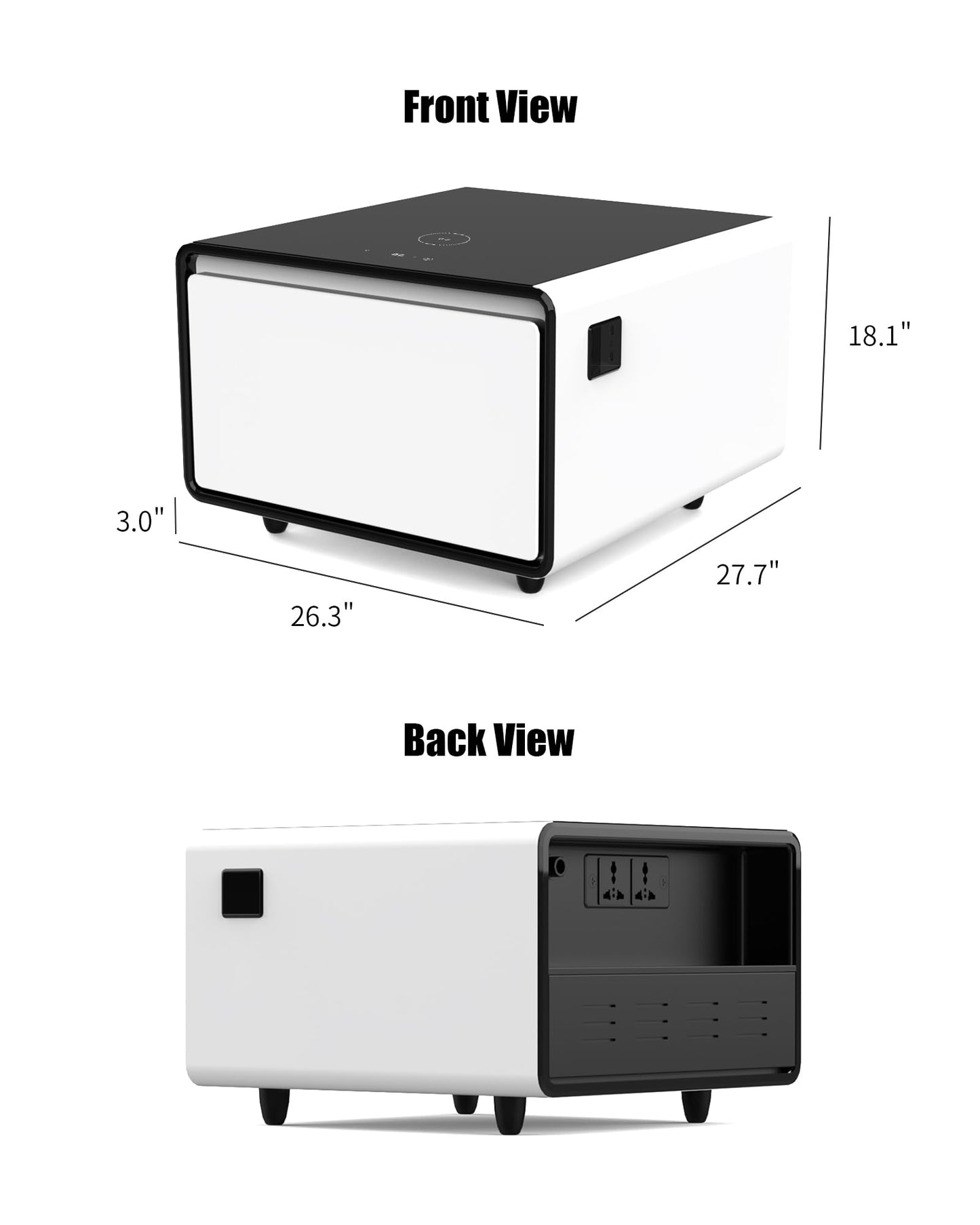 LIVTAB Smart Coffee Table, 27.8" D x 51" W x 18.1" H, Living Room Table with Built in Fridge and Speakers, Smart Table with 15W Wireless Charging, USB Chargers and 110V Outlets (White)
