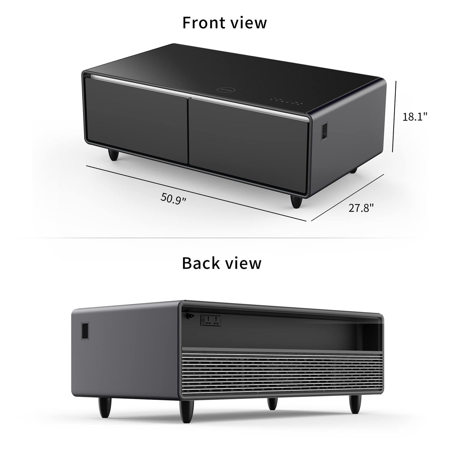 LIVTAB Smart Coffee Table, 27.8" D x 51" W x 18.1" H, Living Room Table with Built in Fridge and Speakers, Smart Table with 15W Wireless Charging, USB Chargers and 110V Outlets (White)