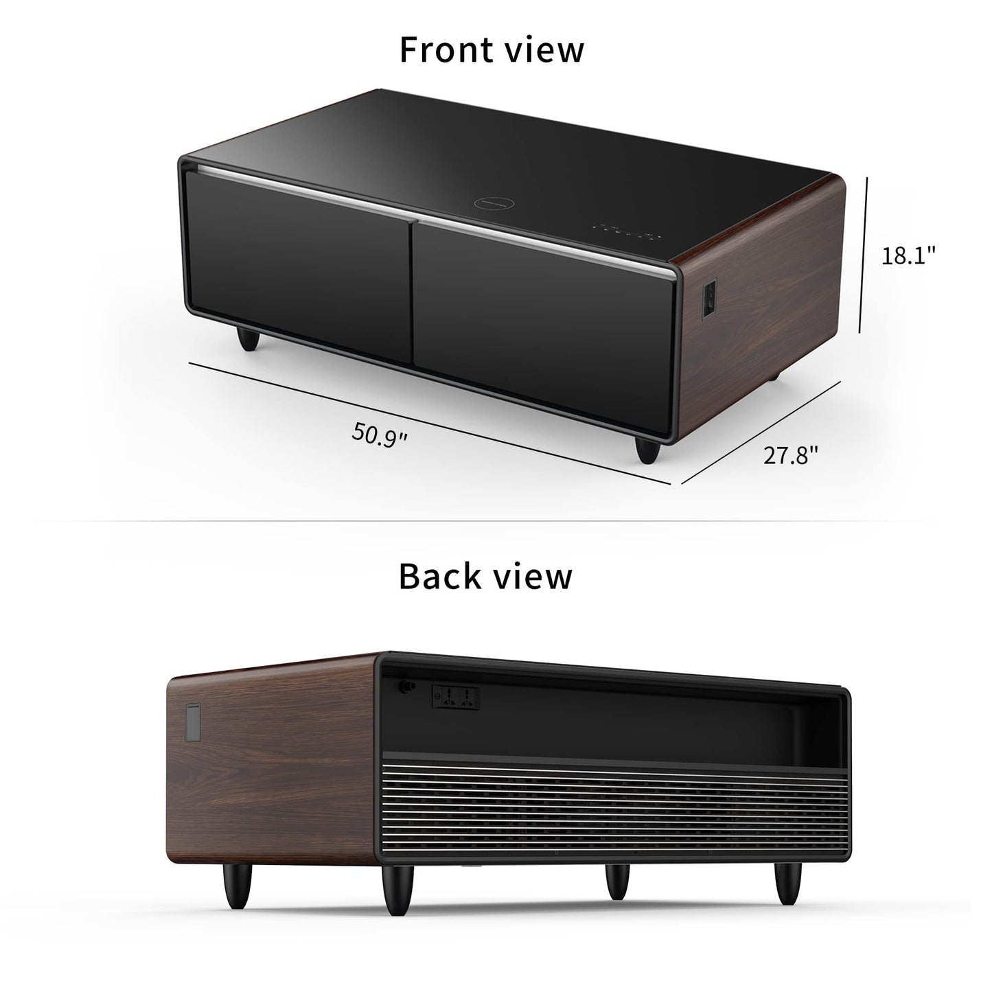 LIVTAB Smart Coffee Table, 27.8" D x 51" W x 18.1" H, Living Room Table with Built in Fridge and Speakers, Smart Table with 15W Wireless Charging, USB Chargers and 110V Outlets (White)