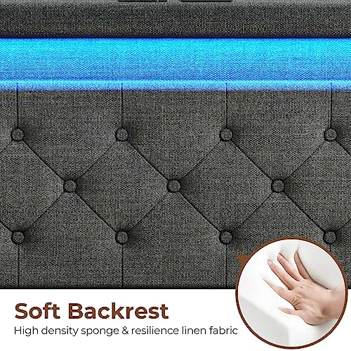 Rolanstar Twin Size Bed Frame with Charging Station and LED Lights, Upholstered Bed with Adjustable Headboard and 4 Storage Drawers, No Box Spring Needed, Easy Assembly, Dark Grey