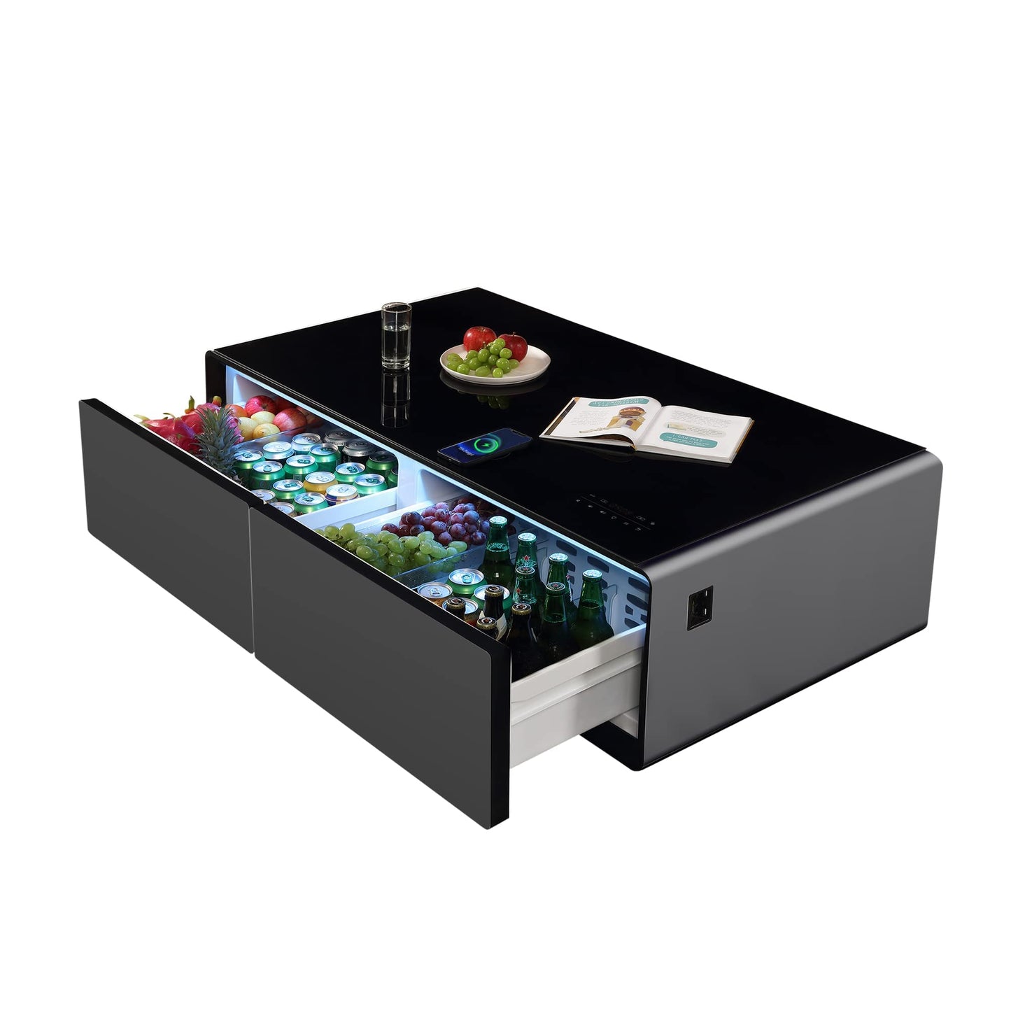 LIVTAB Smart Coffee Table, 27.8" D x 51" W x 18.1" H, Living Room Table with Built in Fridge and Speakers, Smart Table with 15W Wireless Charging, USB Chargers and 110V Outlets (White)