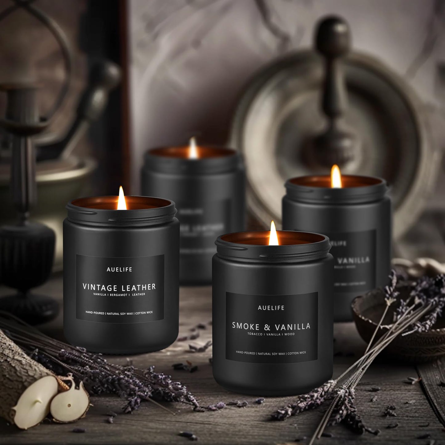 Scented Candles Set | Men Candle Set, Scented Candles for Home, Gifts for Men - 4 Pack Men Candle Gifts Soy Candles Scents of Lavender/Leather/Oak/Smoke & Vanilla